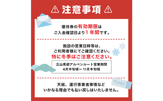 立山黒部アルペンルート ( 立山駅 ～ 室堂駅 ※往復 ) 優待券 立山黒部貫光観光 旅行 券 チケット 体験 トラベル 黒部 富山県 立山町 F6T-779