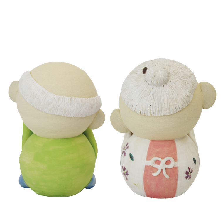 しあわせ　じじ・ばば　14cm【インテリア陶器飾り笑顔】(BF206)