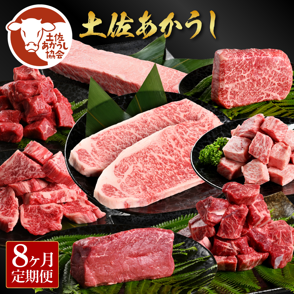 [8ヶ月定期便]土佐あか牛協会が認定する「土佐熟成あかうし」詰め合わせ8種(合計3.3kg)サイコロステーキ ロース カルビ スネ ヒレ サーロイン ブロック肉 特選 赤身 牛 牛肉 和牛 国産 天下味 エイジング工法 熟成肉