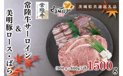 【茨城県鹿嶋市】【茨城県共通返礼品】【常陸牛A5ランク・美明豚ステーキ焼肉セット】常陸牛サーロイン900g(300g×3枚)+美明豚600g(ロース300g・ばら300g)(KCK-36)