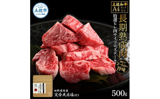 【高知県土佐市】土佐和牛 特選ヒレ肉サイコロステーキ500g 田野屋銀象完全天日塩1P付き 特選 長期熟成肉 田野屋銀象 完全天日塩付き ヒレ肉 ステーキ 肉 お肉 和牛 牛肉 国産 牛 熟成肉 サイコロステーキ