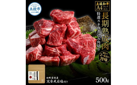 【高知県土佐市】土佐和牛 特選スネ肉煮込み角切り500g 田野屋銀象完全天日塩1P付き 長期熟成肉 田野屋銀象 完全天日塩付き スネ肉 煮込み 角切り 肉 お肉 和牛 牛肉 国産 牛 熟成肉 豪華 贅沢 真空パック