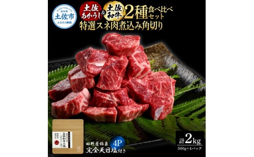 【高知県土佐市】土佐あかうし&土佐和牛2種食べ比べ 特選スネ肉煮込み角切り500g 計4P 田野屋銀象完全天日塩4P付 牛肉 肉 お肉 和牛 国産 牛 赤身 ヒレ カルビ ロース ブロック サーロイン 熟成肉