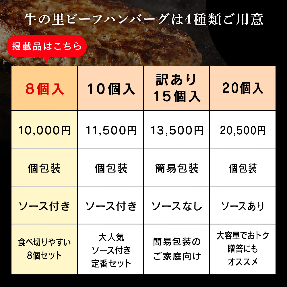 北海道白老町のふるさと納税 牛の里ビーフハンバーグ（110g×8個）特製ソース（8袋）の詰合せ