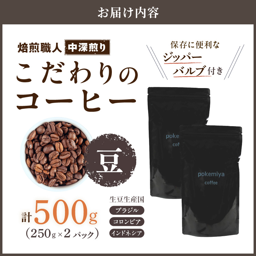 宮崎県都城市のふるさと納税 焙煎職人こだわりのコーヒー【豆】500g 小分けパック(ジッパー・バルブ付) ※中深煎り※ポスト投函≪みやこんじょ特急便≫_LC-3302-Q