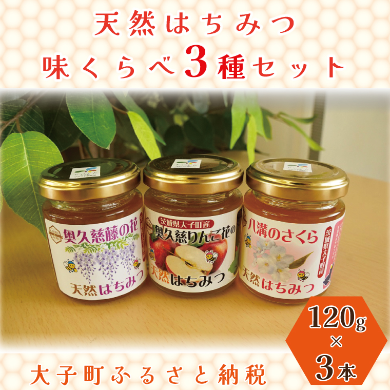 【2025年10月～2026年4月発送】天然はちみつ 味くらべ3種セット 120g×3本 【藤の花・りんご花・さくら】|茨城県 大子町 奥久慈 ハチミツ 蜂蜜 プレゼント 包装 （BG001）