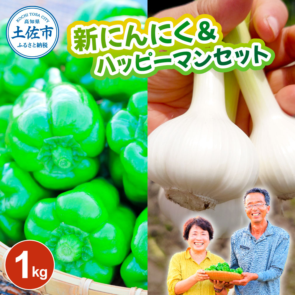 【高知県土佐市】新にんにく&ハッピーマンセット 約1キロ 約1kg ニンニク 新ニンニク ピーマン 野菜 やさい おかず 副菜 お弁当 新鮮 おいしい 採れたて 国産 お取り寄せ