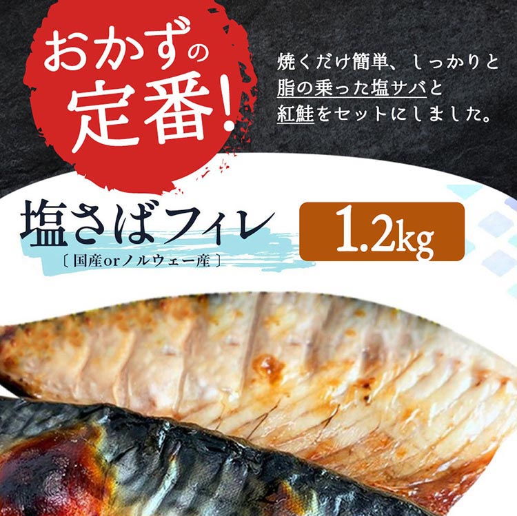 〈毎月定期便〉【ご家庭用訳あり】人気の塩さばフィレ&紅鮭切身セット計2kg 全3回