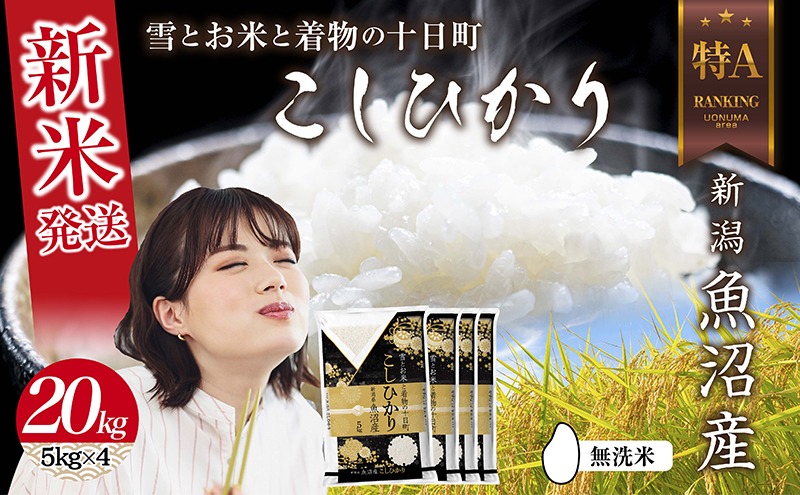 【令和7年産】 無洗米 令和7年産 新潟県 魚沼産 コシヒカリ お米 20kg （5kg×4袋）精米済み（お米の美味しい炊き方ガイド付き） 