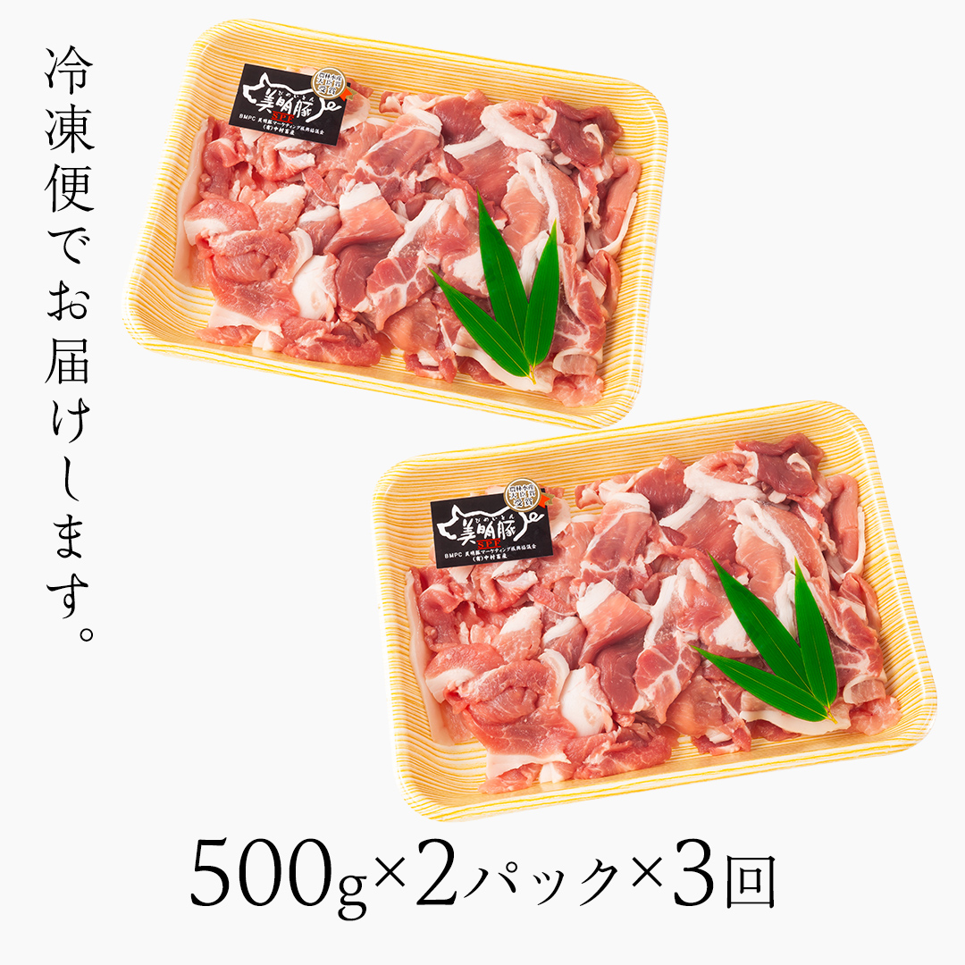 茨城県桜川市のふるさと納税 【3ヵ月 定期便】 美明豚 小間切れ 1kg×3回 合計3kg (茨城県共通返礼品 行方市) 国産 豚肉 冷凍 小分け こま切れ 切り落とし 豚 ぶた 肉 ポーク ブランド豚 豚こま 豚こま切れ [CV016sa]