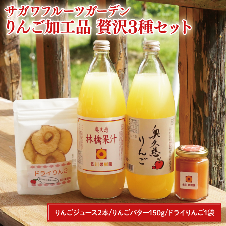 サガワフルーツガーデン りんご加工品 贅沢3種セット【りんごジュース2本、ドライりんご1袋、りんごバター150g】(CC001)