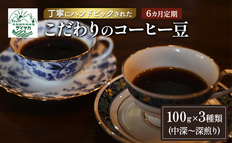 【6ヵ月定期便】丁寧にハンドピックされたこだわりのコーヒー豆100g×3種類(中深～深煎り)【粉】  珈琲 コーヒー豆 珈琲豆 豆 焙煎 自家焙煎 セット