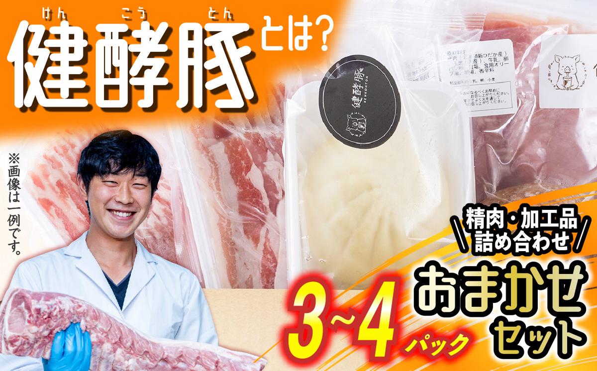 【北海道新ひだか町】北海道産 健酵豚 おまかせ セット 3〜4パック 豚肉 精肉 加工品 おためし 詰め合わせ ブランドポーク