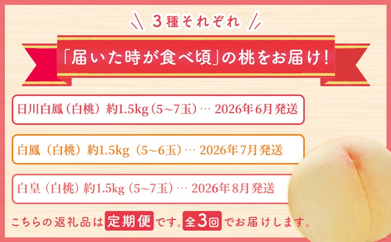 【 2026年 先行予約】 桃 岡山県産 どれも食べたい！岡山の桃 3種 満喫 プラン 3回 コースA ( 日川白鳳 ・ 白鳳 ・ 白皇 各1.5kg)《2026年6月上旬-8月下旬頃出荷》白桃 数量限定 期間限定 定期便