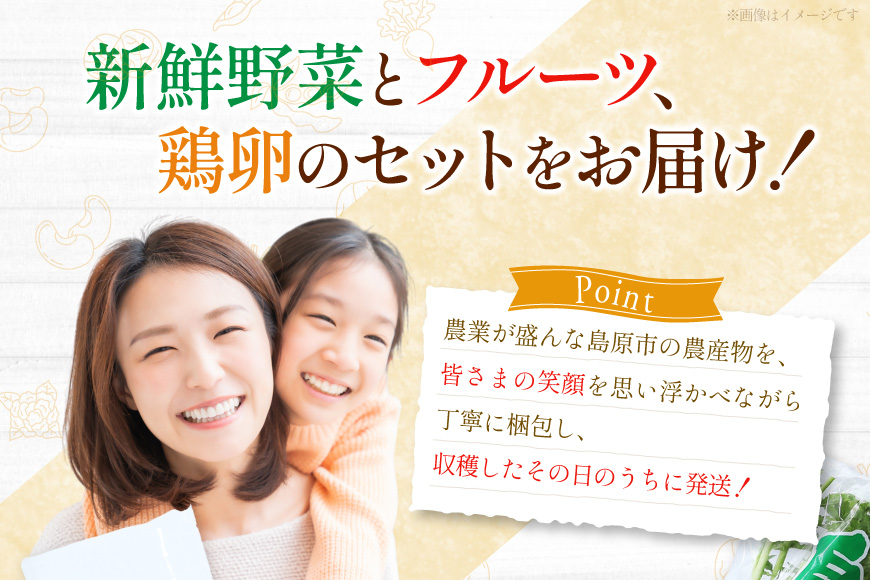 長崎県島原市のふるさと納税 BA025 野菜・フルーツ・卵 旬のおまかせセット （野菜・フルーツ13～16品目、卵6玉）[ 野菜セット 野菜 フルーツ 果物 たまご 鶏卵 産地直送 厳選 長崎県 島原市 送料無料]