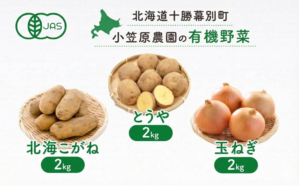 小笠原農園の有機野菜 3種詰合せ（とうや2kg・北海こがね2kg・玉ねぎ2kg）北海道 十勝 幕別《2026年秋出荷先行予約》【 野菜 芋 じゃがいも とうや 北海こがね 玉ねぎ たまねぎ セット 】