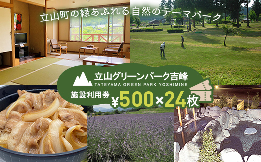 【富山県立山町】立山グリーンパーク吉峰 施設利用券 500円×24枚 テーマパーク 自然 バーベキュー パークゴルフ アウトドア 天然温泉 F6T-458