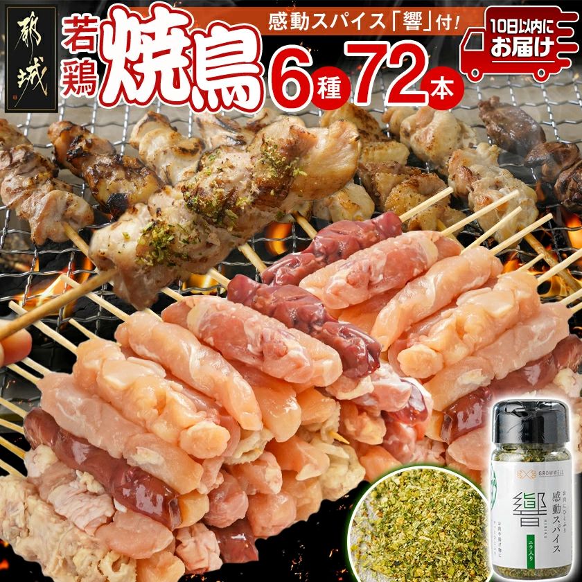 串打ち職人の若鶏焼鳥6種盛(72本)&感動スパイス響!付き≪みやこんじょ特急便≫_18-1401-Q