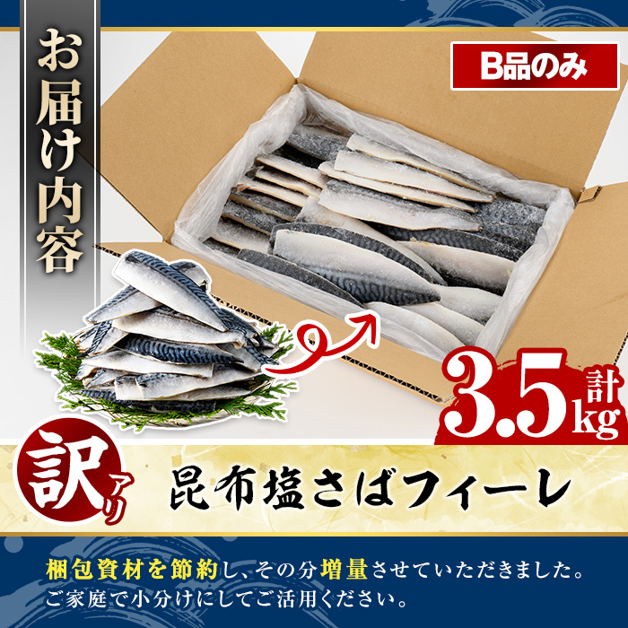 鹿児島県阿久根市のふるさと納税 訳あり！昆布塩さばフィーレ(B品のみ3.5kg) 大容量 ボリューム サバ 鯖 フィレ 魚介類 海産物 海鮮 海の幸 おかず おつまみ 惣菜 グリル 焼き魚 煮魚 切り身 昆布 塩サバ 脂 ご家庭用 リピート 【グローバルフーズ】akn061-05