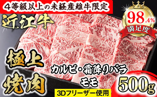 [森三商会]4等級以上の未経産雌牛限定 近江牛極上焼肉500g(カルビ・霜降りバラ・モモ)[GM11U]