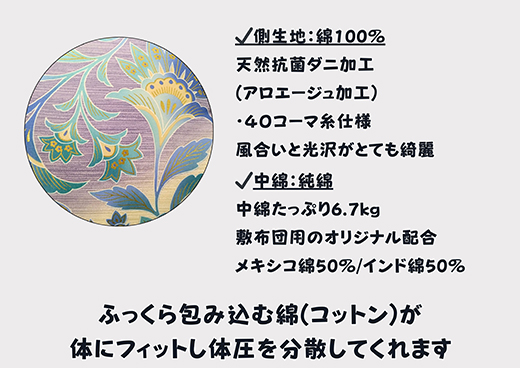 極上もめん綿入り敷布団ダブル長寸ブルー　みやび柄【CW119W】