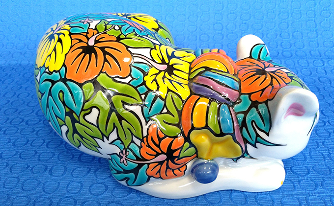 九谷焼「眠り猫　ハイビスカス」糠川孝之作 a05 工芸品 民芸品 