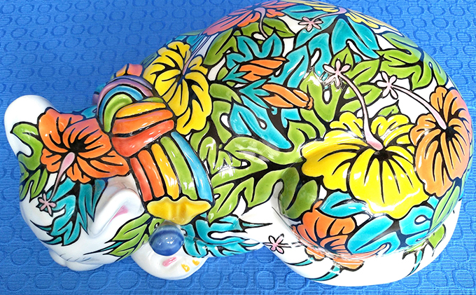 九谷焼「眠り猫　ハイビスカス」糠川孝之作 a05 工芸品 民芸品 