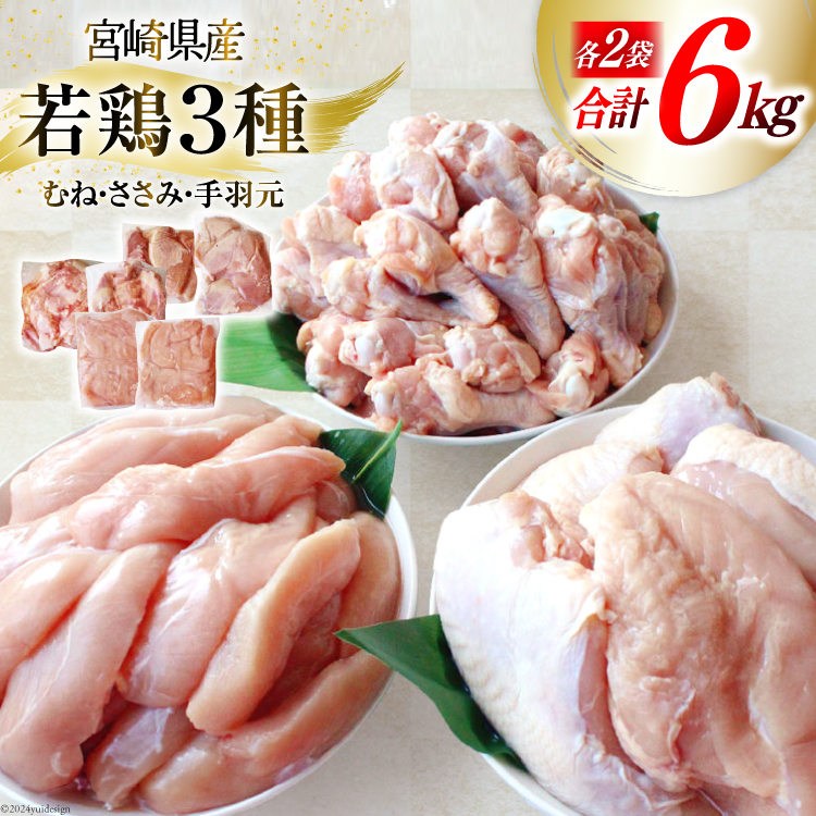 宮崎県美郷町のふるさと納税 鶏肉 詰め合わせ 宮崎県産 若鶏 むね肉 ささみ 手羽元 セット 各1kg 2p 計6kg [九州児湯フーズ 宮崎県 美郷町 31ai0022] 小分け むね 鶏むね肉 鶏むね 手羽 ササミ 冷凍 真空パック