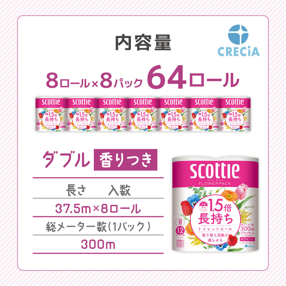 トイレットペーパー ダブル スコッティ ( 8ロール入×8パック ) 1.5 倍巻き フラワーパック 香り付き まとめ買い 節約 箱買い 大量 防災 備蓄 備蓄品 消耗品 日用品 トイペ セット 倍巻 トイレ 宮城 宮城県 岩沼市