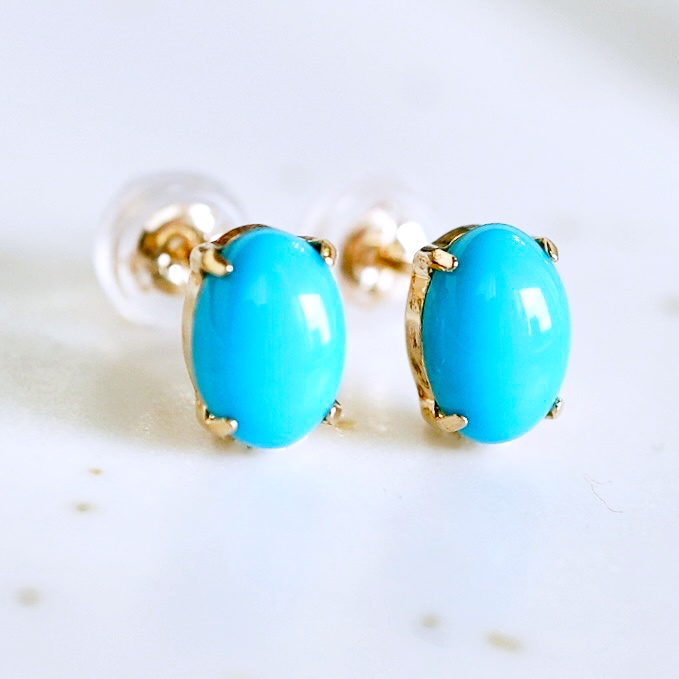 K18 イエローゴールド ターコイズ トルコ石オーバル 一粒石 ピアス