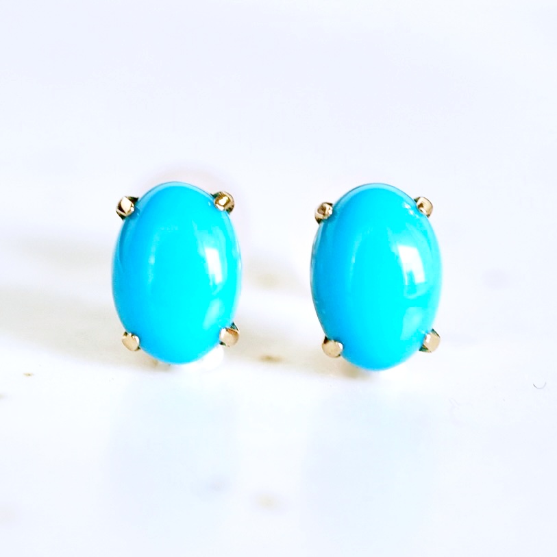 K18ターコイズ石のオーバルスタッドピアス K18 イエローゴールド ターコイズ トルコ石オーバル 一粒石 ピアス
