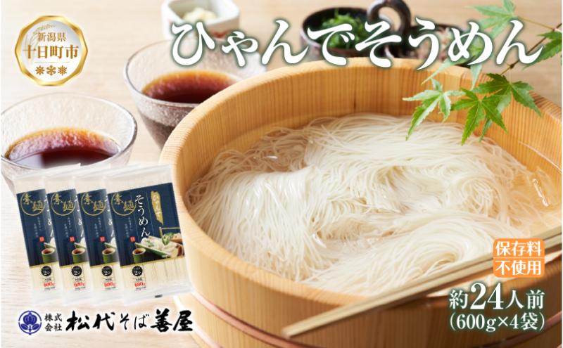 【新潟県十日町市】ひゃんで そうめん 600g 4袋 約24人前 素麺 ソーメン 干しそうめん にゅうめん ファミリー 麺 乾めん 自家用 お中元 お歳暮 お取り寄せ 備蓄 保存 便利 ギフト 越後 魚沼 常温 松代そば善屋 新潟県 十日町市