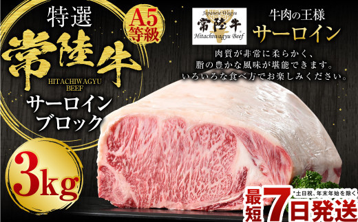 【茨城県守谷市】【特選】常陸牛(ひたちぎゅう)A5等級 サーロインブロック 3kg(茨城県共通返礼品 茨城県産)