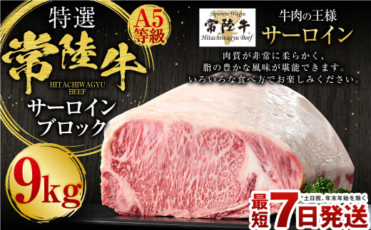 【茨城県守谷市】【特選】常陸牛(ひたちぎゅう)A5等級 サーロインブロック 9kg(茨城県共通返礼品 茨城県産)