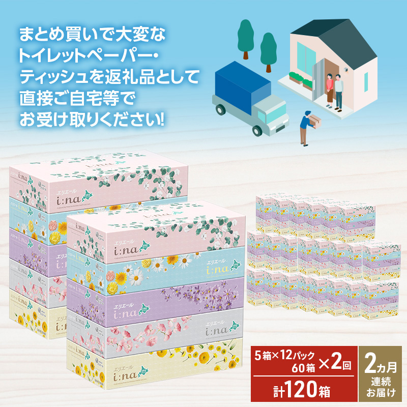 【2ヵ月連続お届け・計120箱】エリエール i:na (イーナ) 北海道 ティシュー 150組5箱 12パック ティッシュペーパー 箱ティッシュ まとめ買い 防災 常備品 備蓄品 消耗品 日用品 生活必需品 送料無料 赤平市