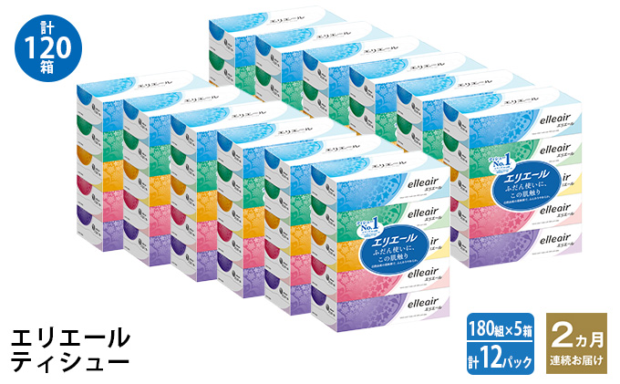 [2ヵ月連続お届け・計120箱]エリエール ティシュー 180組5箱 12パック ティッシュペーパー 箱ティッシュ ボックスティッシュ 紙 まとめ買い 防災 常備品 備蓄品 消耗品 日用品 生活必需品 送料無料 赤平市