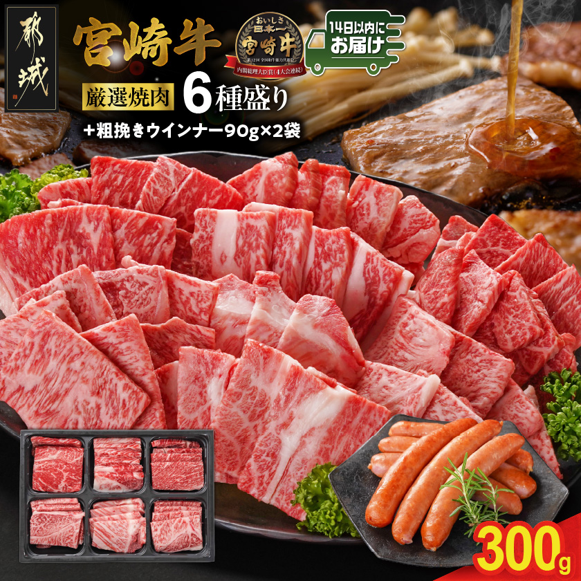 宮崎牛6種盛り焼肉食べ比べ300g+粗挽きウインナー90g×2袋≪みやこんじょ快速便≫_16-N204-R-ESW-CF