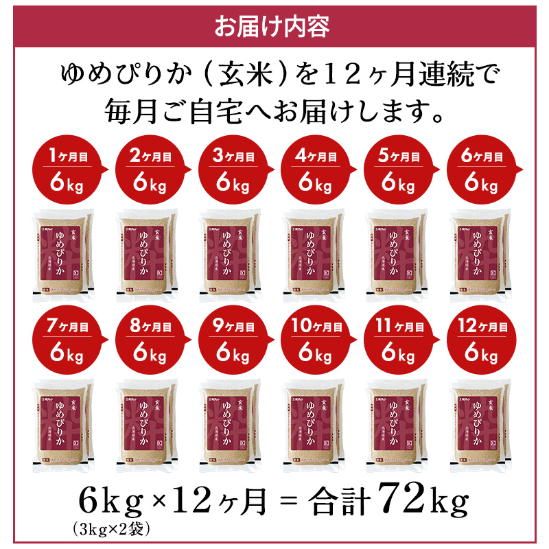 12ヵ月 定期便 ホクレンゆめぴりか（玄米6kg（3kg×2袋））ANA機内食採用 お米 米 ごはん 玄米 国産 北海道 こめ コメ [JA新おたる]