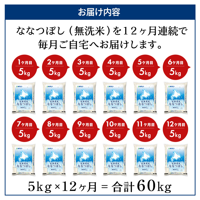 12ヵ月 定期便 ホクレン北海道ななつぼし（無洗米5kg） お米  米 ごはん 無洗米 白米 国産 北海道 こめ コメ 12回 [JA新おたる]