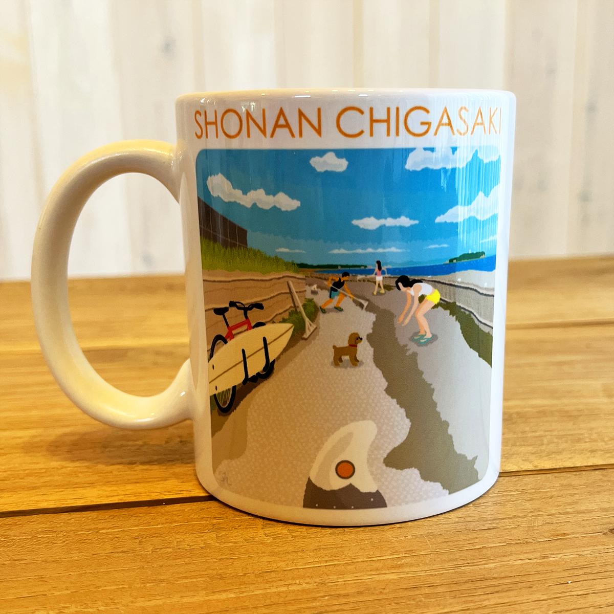 湘南・茅ヶ崎で描く、海を感じるイラストアート 『湘南ランドスケープ：マグカップ』 /サザンC 風景 犬 トイプードル 絵画 ビーチ