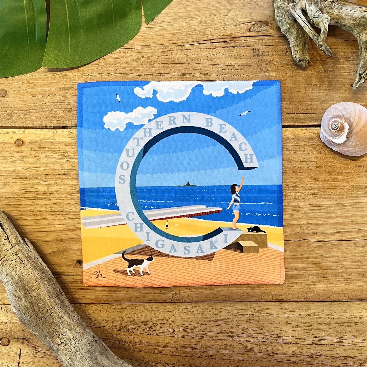 湘南・茅ヶ崎で描く、海を感じるイラストアート 『湘南ランドスケープ：ミニタオル　4枚セット』  /風景 犬 猫 サザンC ビーチ