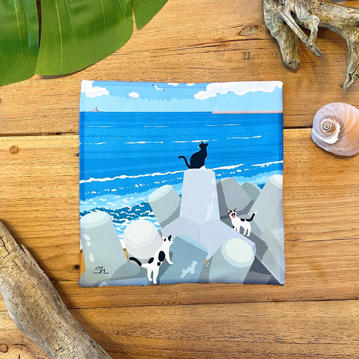 湘南・茅ヶ崎で描く、海を感じるイラストアート 『湘南ランドスケープ：ミニタオル　4枚セット』  /風景 犬 猫 サザンC ビーチ