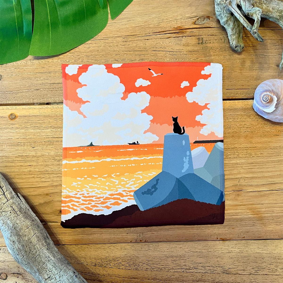 湘南・茅ヶ崎で描く、海を感じるイラストアート 『湘南ランドスケープ：ミニタオル　4枚セット』  /風景 犬 猫 サザンC ビーチ