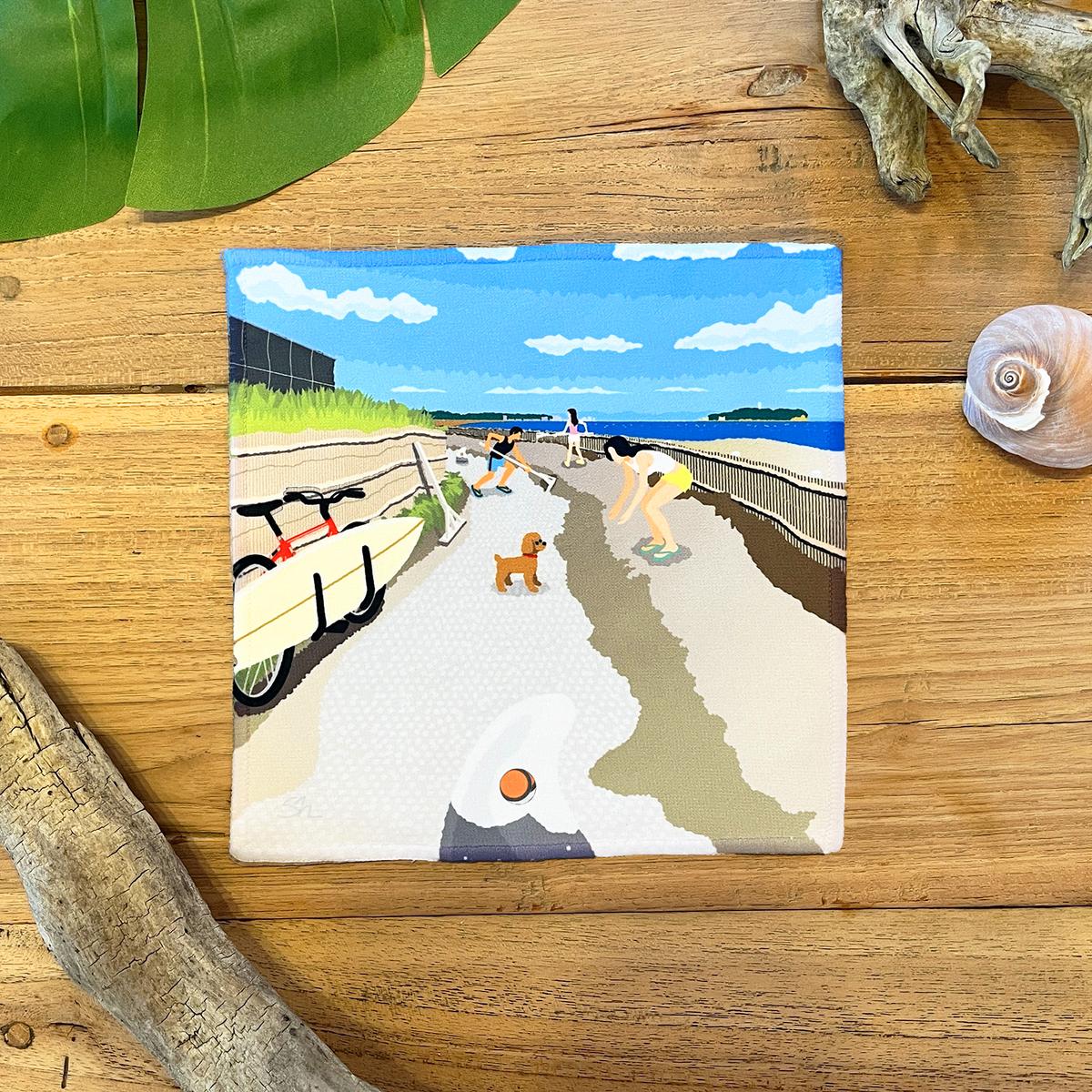 湘南・茅ヶ崎で描く、海を感じるイラストアート 『湘南ランドスケープ：ミニタオル　4枚セット』  /風景 犬 猫 サザンC ビーチ