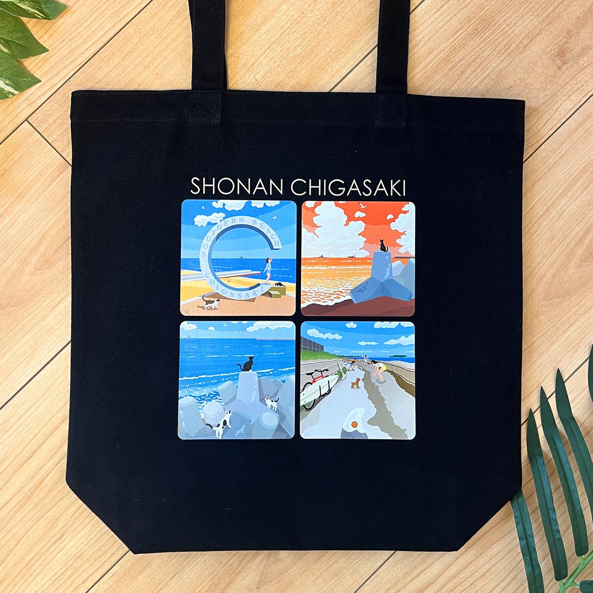 湘南・茅ヶ崎で描く、海を感じるイラストアート 『湘南ランドスケープ：トートバッグ　Mサイズ』 /風景 犬 猫 サザンC ビーチ