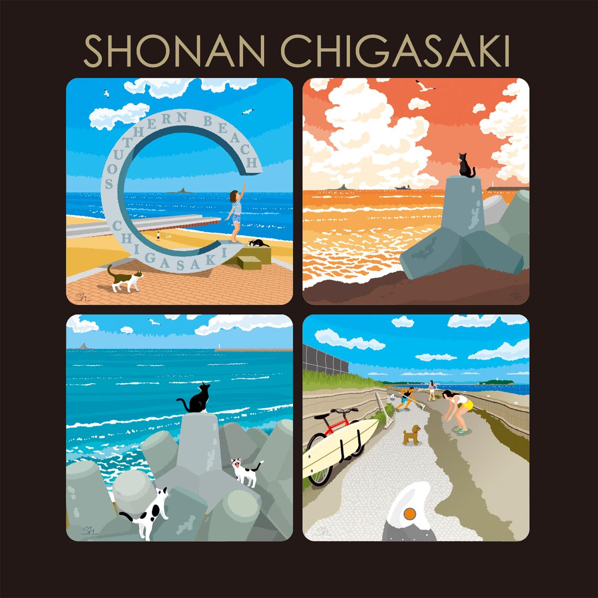 湘南・茅ヶ崎で描く、海を感じるイラストアート 『湘南ランドスケープ：トートバッグ　Mサイズ』 /風景 犬 猫 サザンC ビーチ