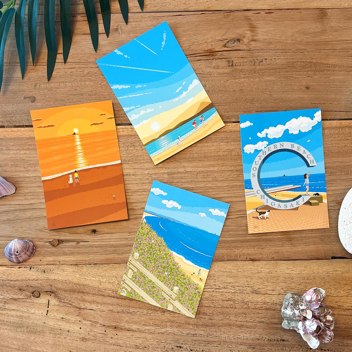 湘南・茅ヶ崎で描く、海を感じるイラストアート 『湘南ランドスケープ：ポストカード　12枚セット』  /絵葉書 絵画 風景 犬 猫 サザンC