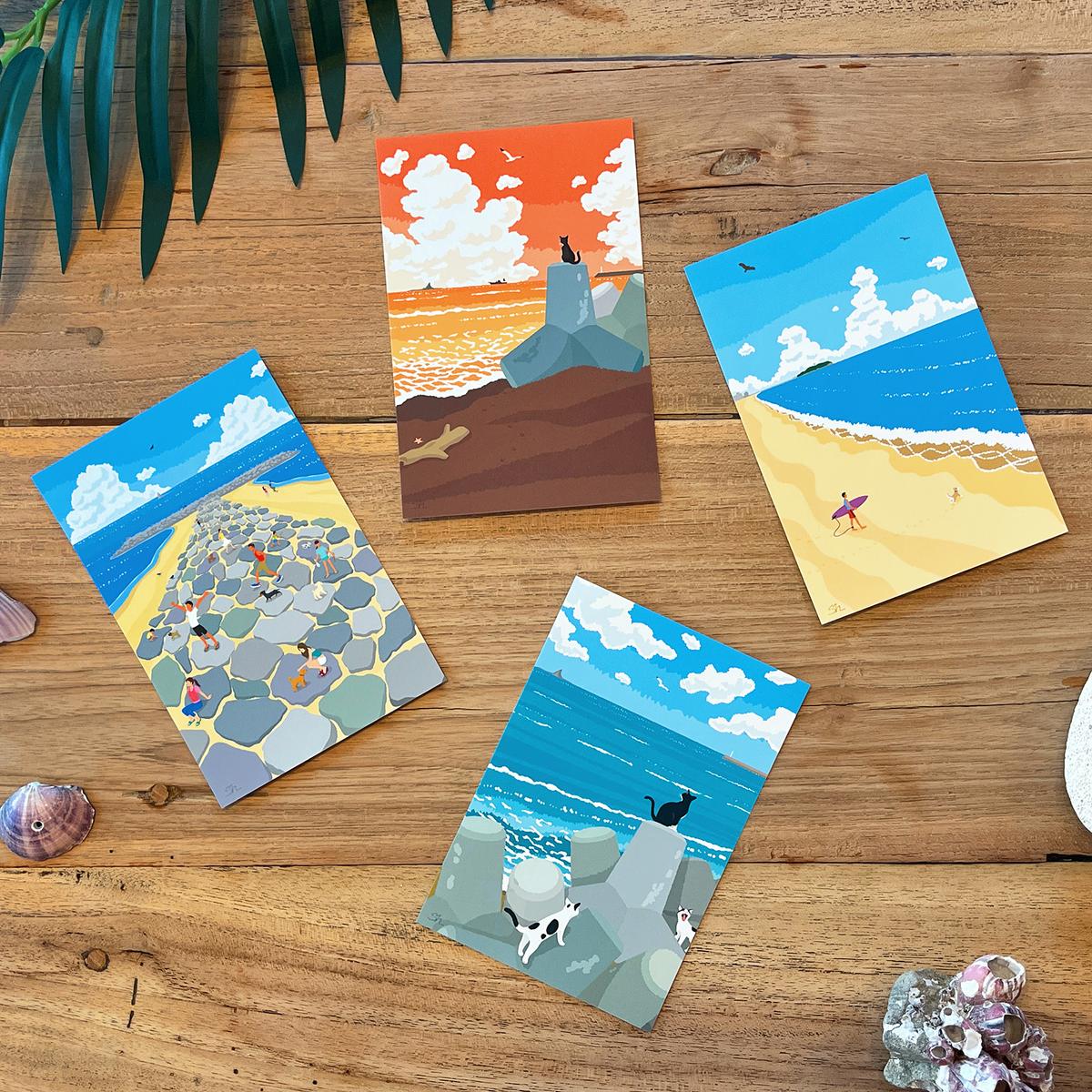 湘南・茅ヶ崎で描く、海を感じるイラストアート 『湘南ランドスケープ：ポストカード　12枚セット』  /絵葉書 絵画 風景 犬 猫 サザンC