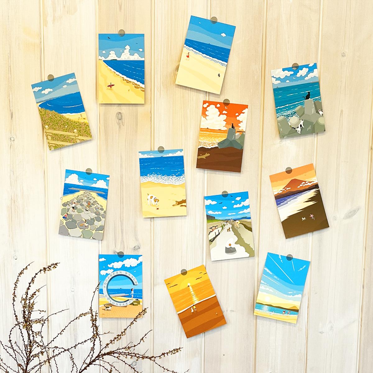 湘南・茅ヶ崎で描く、海を感じるイラストアート 『湘南ランドスケープ：ポストカード　12枚セット』  /絵葉書 絵画 風景 犬 猫 サザンC