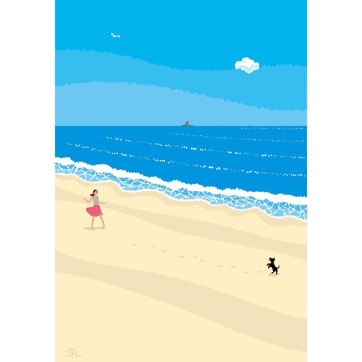 湘南・茅ヶ崎で描く、海を感じるイラストアート 『 湘南ランドスケープ01：波打ち際のキャッチボール 』　キャンバスアートパネル（小） /絵画 風景 犬 猫